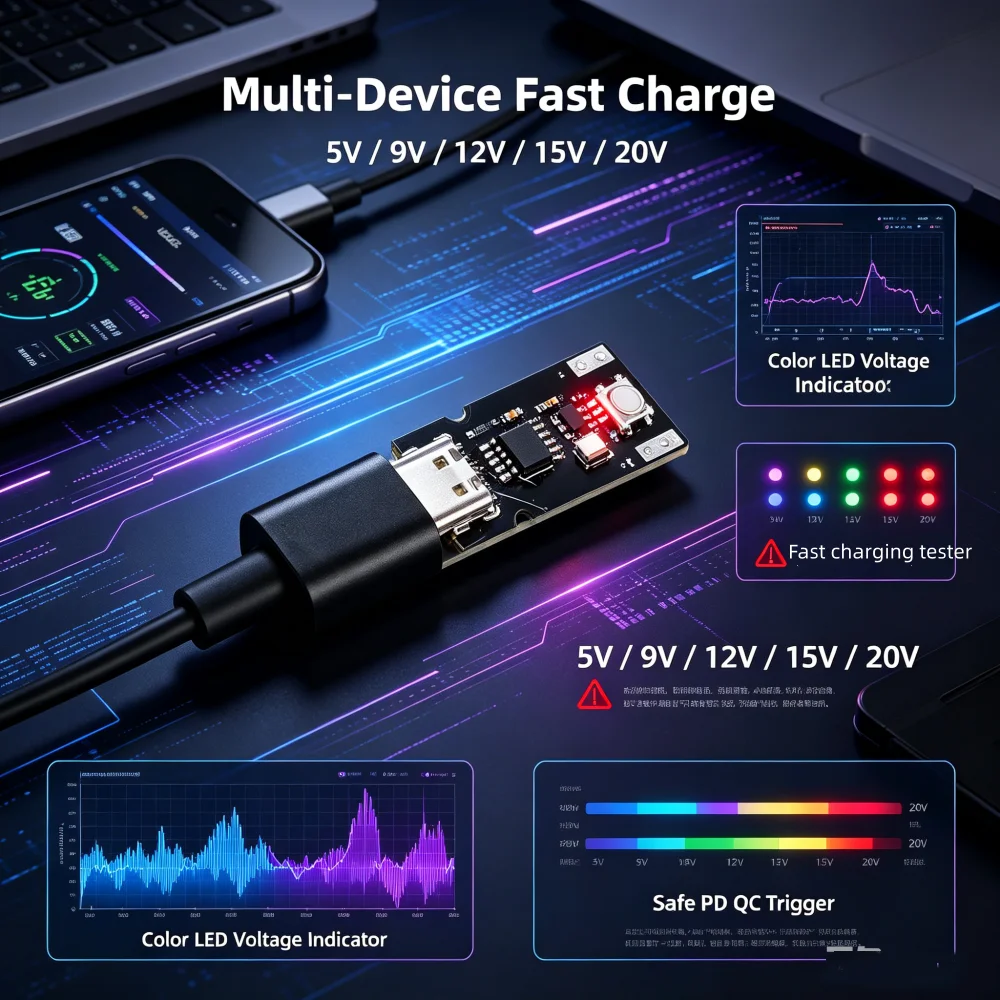 Фото USB Type-C PD QC Deception Board Trigger Fast Charge Module DC 5-20V Регулируемый индикатор модуля зарядки для повышения №1