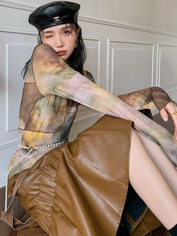 Yedinas сетчатые топы с асимметричным подолом Женская Прозрачная Футболка