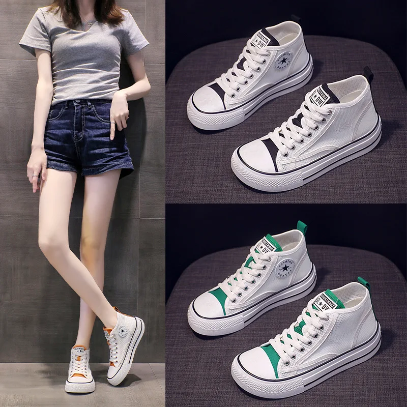 

Summer Women Canvas Shoes New High Top Female Vulcanized Shoes Ladies Lace Up Sport Fashion Mesh Cloth Breathable Platform Shoes