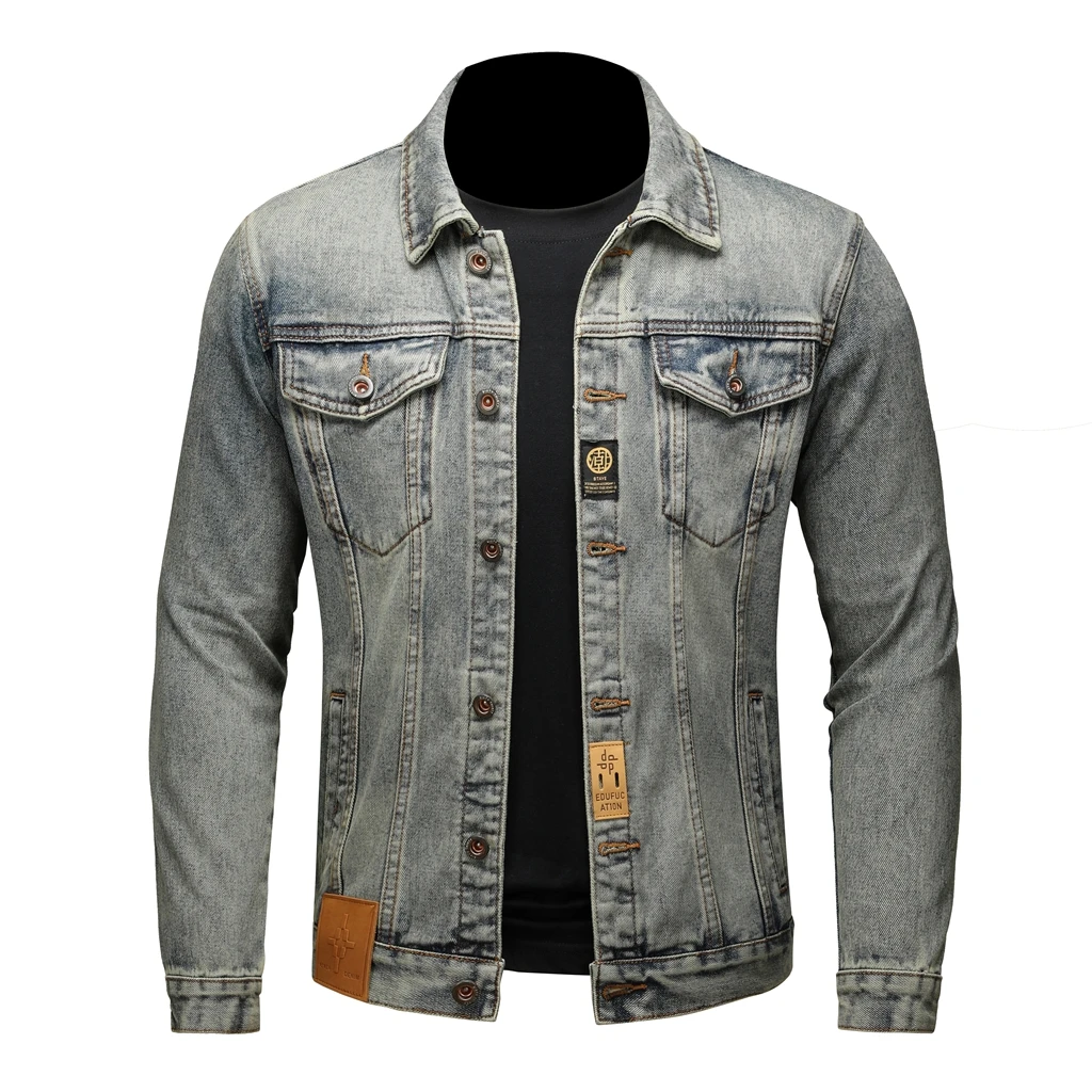 SALEISI мужские однотонные джинсовые куртки с отворотами модные мотоциклетные