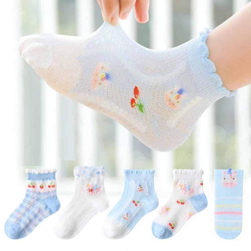 

5 Pairs/Lot Children Cotton Socks For Summer Kids Boy Girl Baby Teen Fashion Cozy Soft Cute Cartoon 1-12 Years Student Mesh Sock