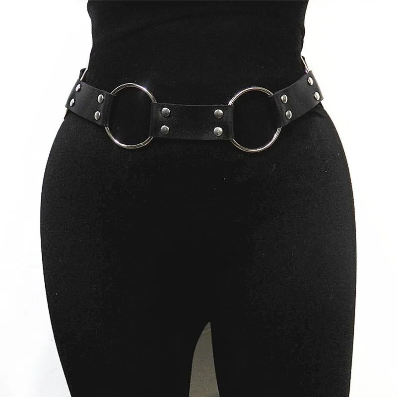 Fashion Women Gothic Punk Waist Belt Metal Circle Ring Design Silver Pin Buckle Leather Black Waisand Jeans Waist Belts