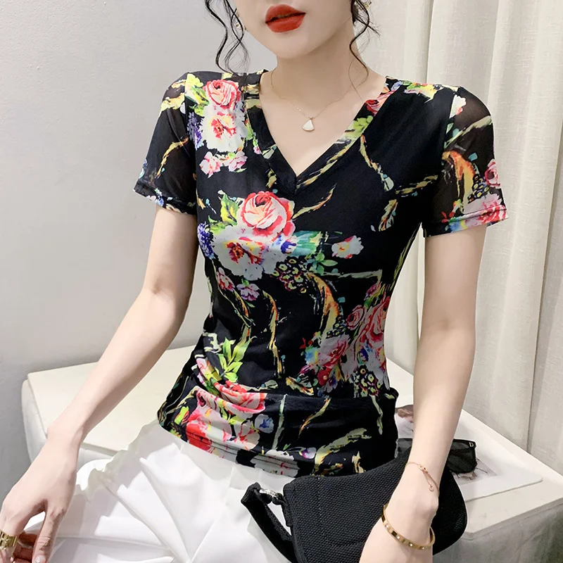 # 5764 Черная сетчатая футболка женская с 3D цветочным принтом коротким рукавом