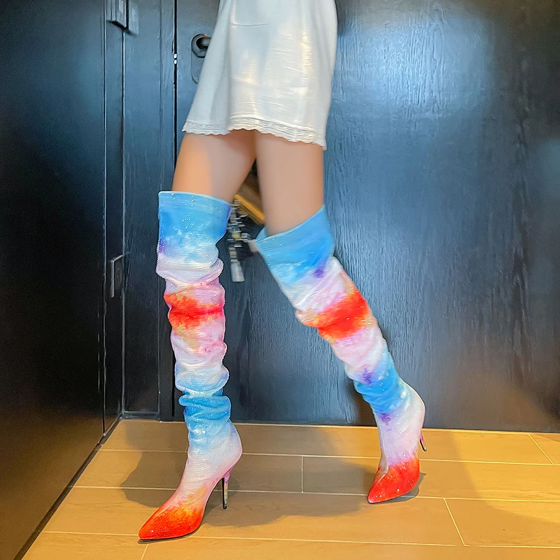 

Сапоги выше колена с острым носком, пикантные ботфорты на очень тонком высоком каблуке, разные цвета, роскошная Дамская обувь