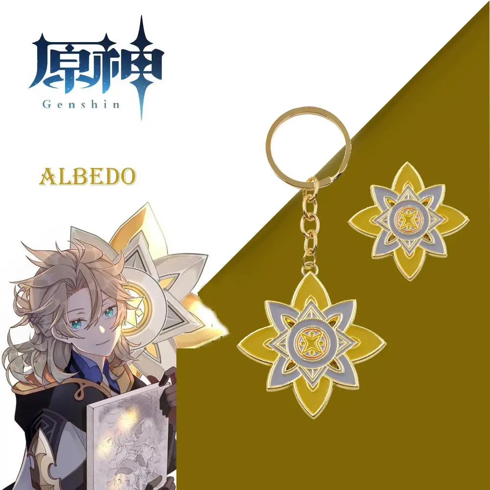 

Hot Genshin Impact Albedo's Solar Isotoma Keychain Brooch Geo Flower Pendant Metal Keyring Lotus Shape Badge Fans Cosplay Gift