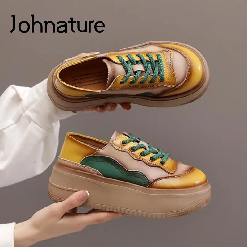 

Женские туфли на шнуровке Johnature, туфли-лодочки из натуральной кожи на платформе и каблуке, с круглым носком, смешанные цвета, 2022