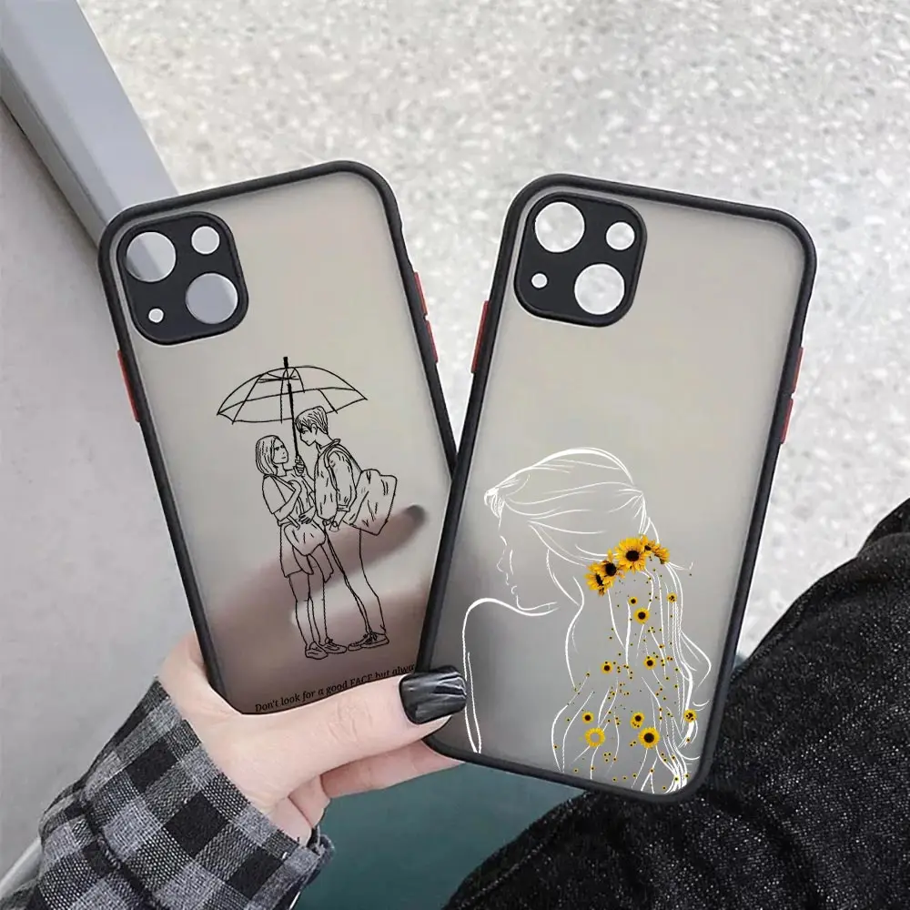 

Line Art Drawings Shockproof Matte Phone Case For iphone 14 11 12 13 Pro Max Mini 7 8 Plus XR X S Cover Boyfriend and Girlfriend