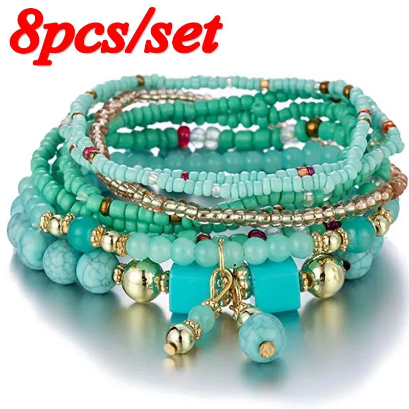 8pcs/set Bohemian Handmade Beads Bracelets Set Women Summer Colorful Bead Chain Bracelet Bangle Girls Boho Jewelry Accessories