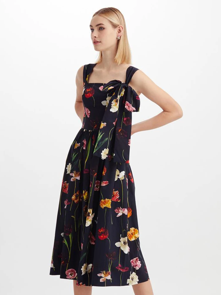 

Delocah High Quality Summer Women Fashion Runway Midi Dress Sexy Spaghetti Strap With Belt Floral Print Elegant Dresses Vestidos