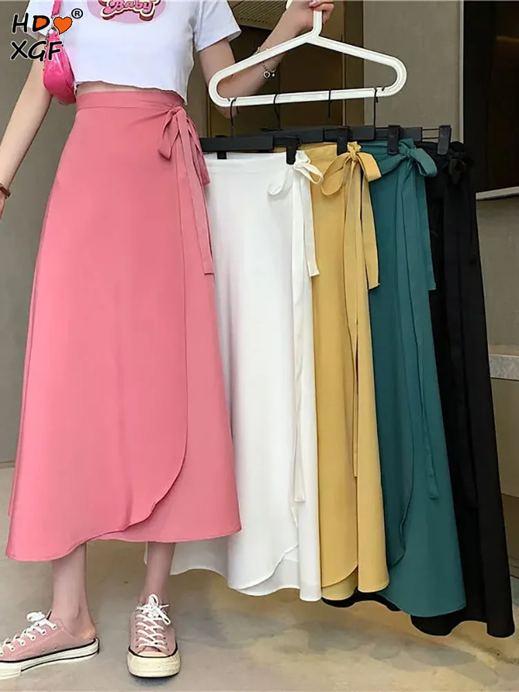 

Летняя женская трапециевидная юбка ярких цветов с высокой талией, плиссированная женская сумка, юбка с ремешком на бедрах, простые юбки средней длины для отдыха в Корейском стиле