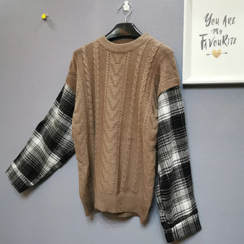 

New Fake Two-piece Round Neck Knitted Sweater Men's Autumn Loose Casual Plaid Stitching Long-sleeved Comfortable Top M-3XL