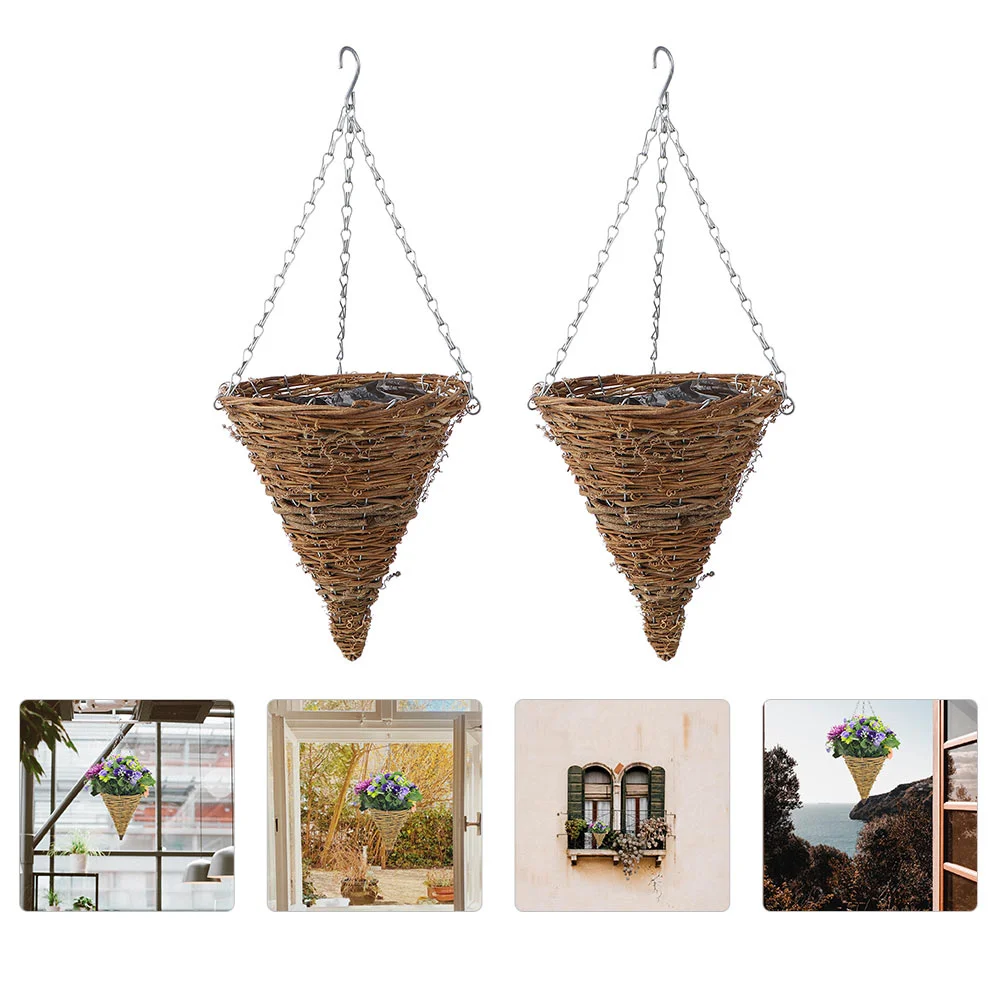 

2Pcs Home Wall Storage Basket Rattan Weave Cone Shape Hanging Flower Basket