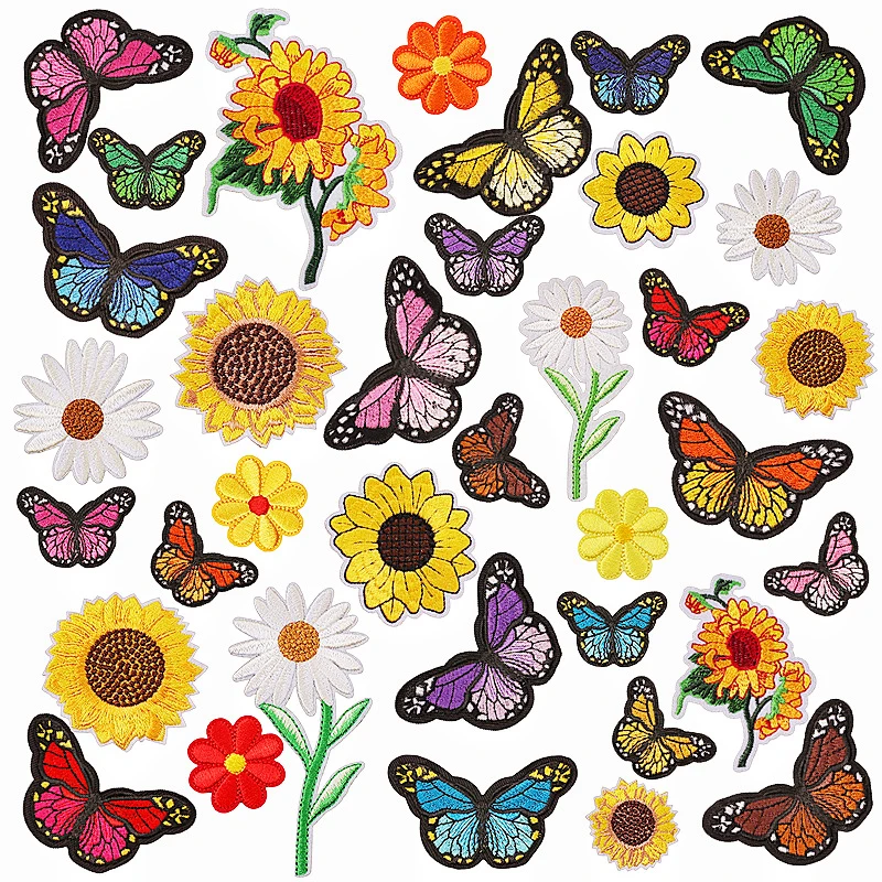 1Pcs Sunflower daisy Embroidery Patch Chrysanthemum Butterfly Clothing Patch Sticker Stickers Clothing badge DIY Iron-On Patches