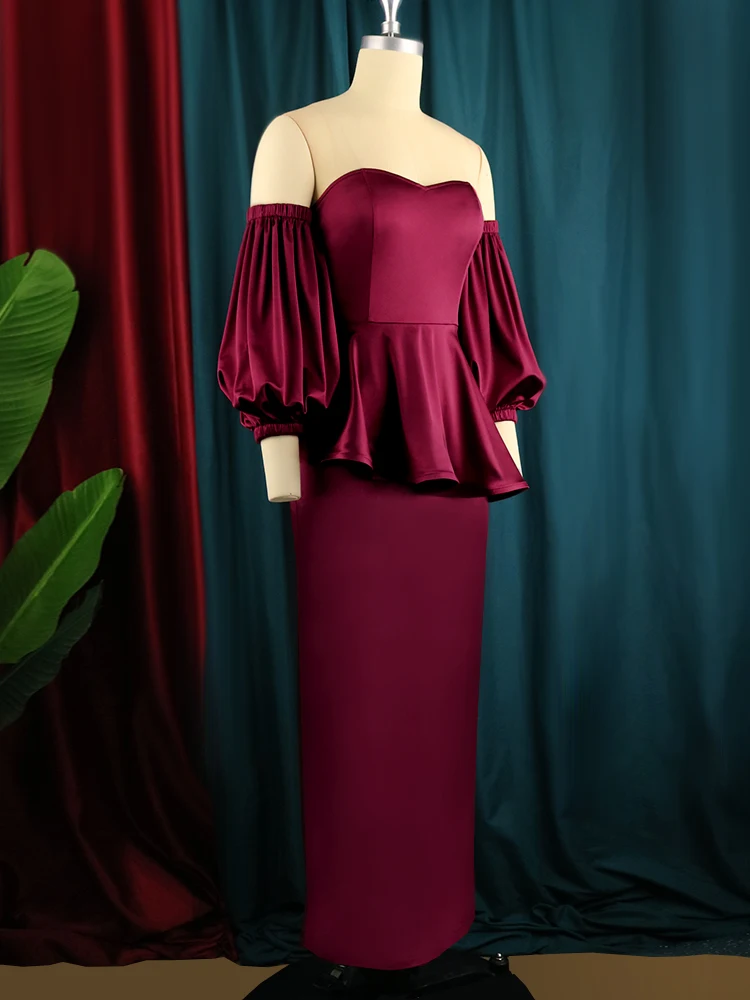 2023 new Women Long Formal Dresses Puff Sleeve Peplum Elegant LadiesElastic Satin Strapless Party Evening Prom Birthday Dresses