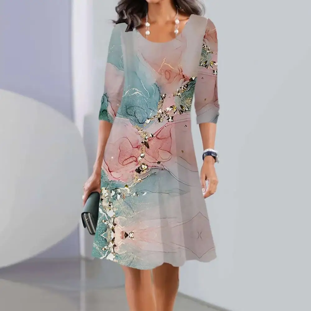 

Women Autumn Fashion Florla Printed Half Sleeve Round Neck Dress Casual Loose Pullover Elegant Knee Length Beach Vacation Dress