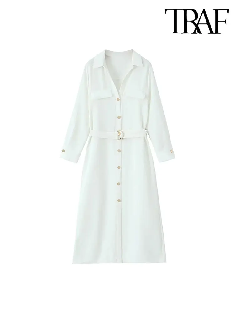 

TRAF Off White Shirt Dress Woman Belt Long Sleeve Midi Dress Summer Elegant Long Dresses For Women 2023 Autumn Formal Dresses