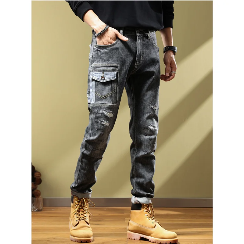 Men Clothing 2022 Autumn and Winter New Pattern Self-cultivation Elastic Force Black Grey Pencil Pants Recreational Jeans Female