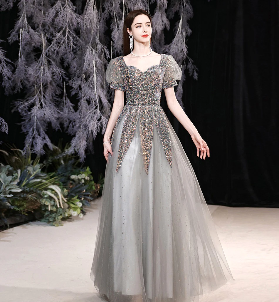 

Sequins Prom Dress 2022 New Short Sleeves Square Collar Pageant Dress Tulle Grey Evening Gown Robe de Soiree Vestidos De Noche