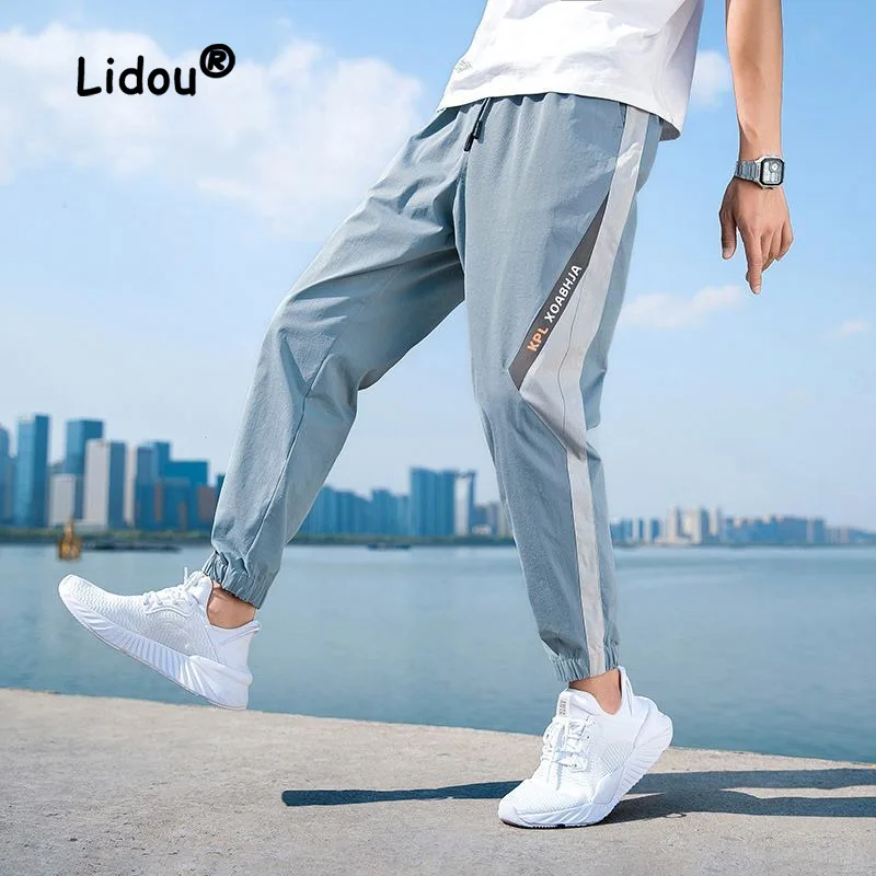 Summer Thin Man Casual Color Matching Pencil Pants New High-quality Pocket Waist Drawcord Tide All-match Male Trousers 2023