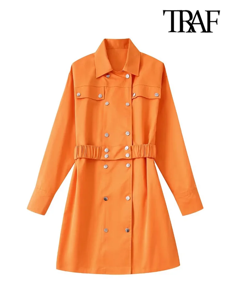 

TRAF Women Fashion Double Breasted Trench Coat Vintage Long Sleeve With Elastic Waistband Female Outerwear Chic Tops