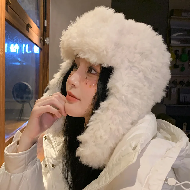 

Korean Fluffy Warm Bomber Hats for Women New Autumn Winter Cute Furry Ear Protectors Beanies Hat Cold Protection Riding Hats