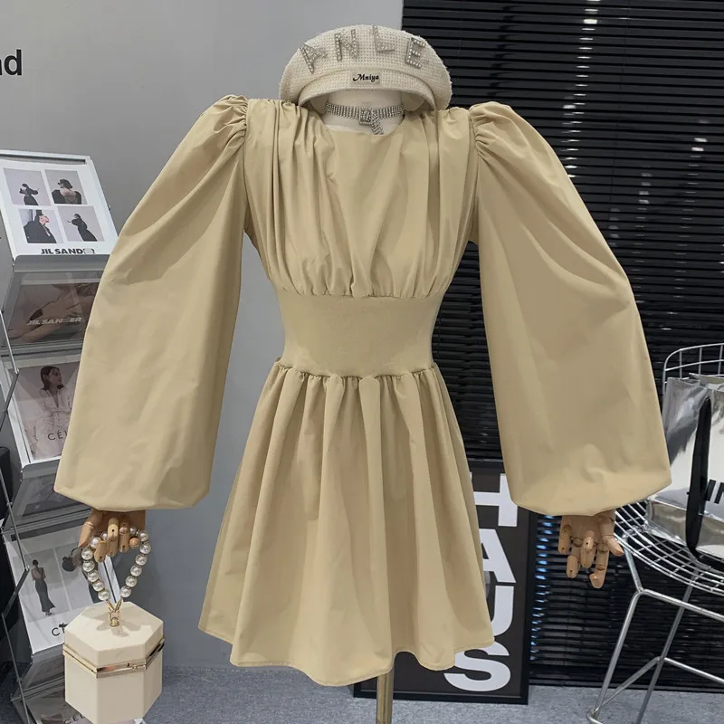 

Elegant Round Neck Loose Dress Design High Waist Slim Big Swing Puff Sleeve Short Dress for Women