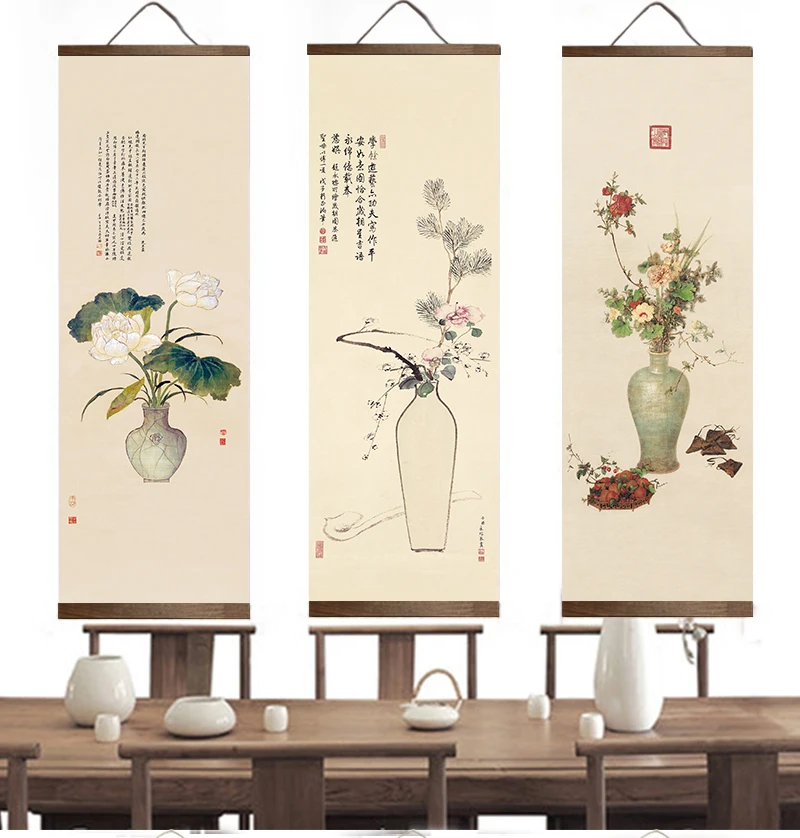 

chinese style flower Green plants canvas decorative painting Store bedroom living room wall art solid wood scroll paintings