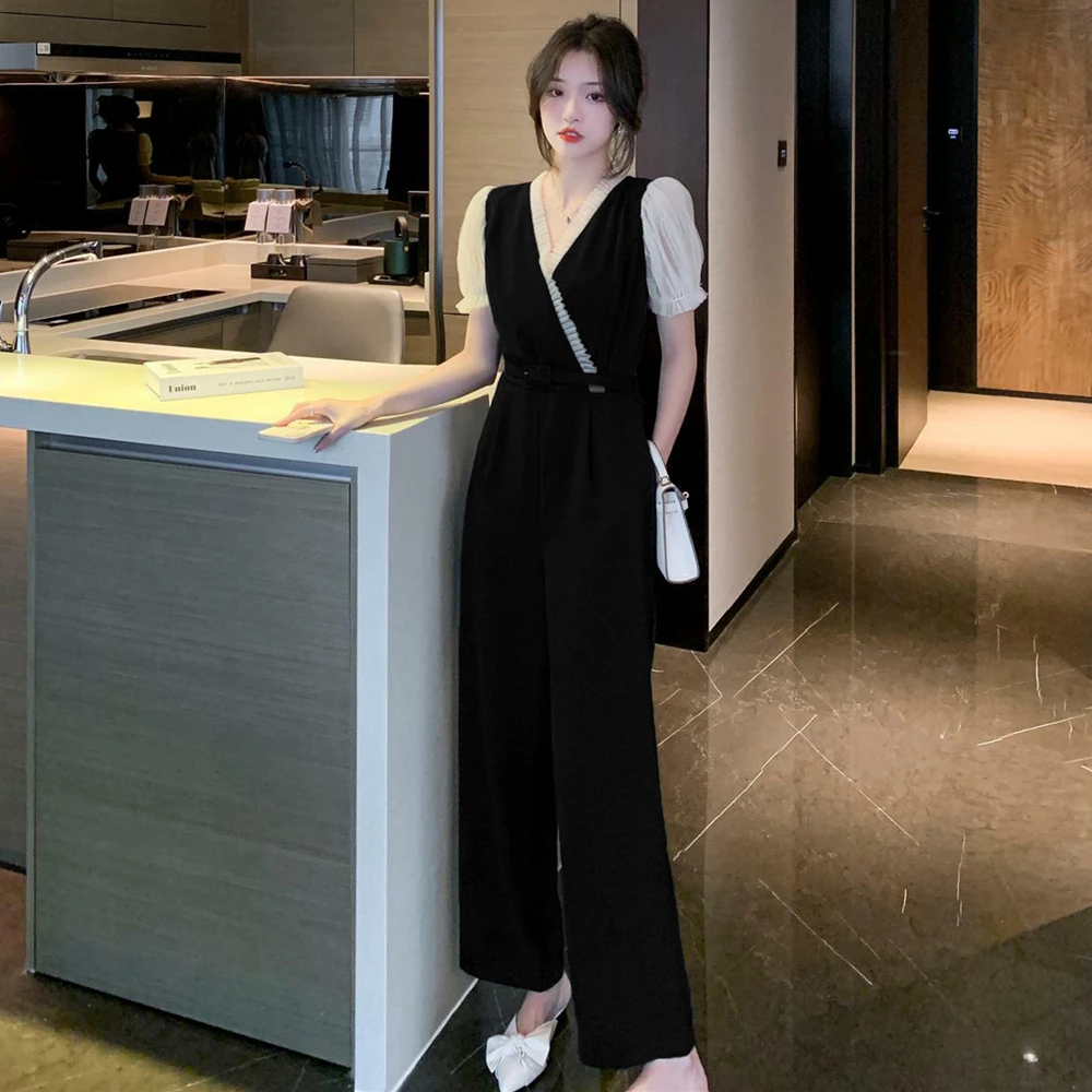 

V-neck Short Sleeve Jumpsuit For Woman Casual Long OL Work Wear Pants Playsuit 2023 Summer Overalls Bodysuit Rompers