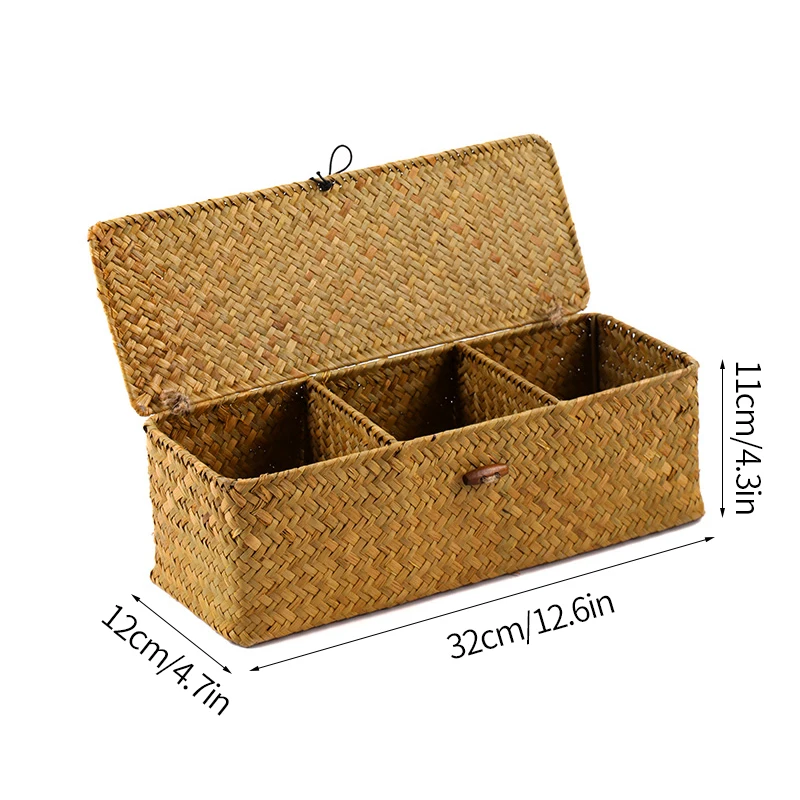

Плетеная вручную корзина для хранения ювелирных изделий из натурального ротанга, разделитель для всякой всячины с соломенной сеткой, 3 шт., корзины, коробка для хранения, органайзер, крышка