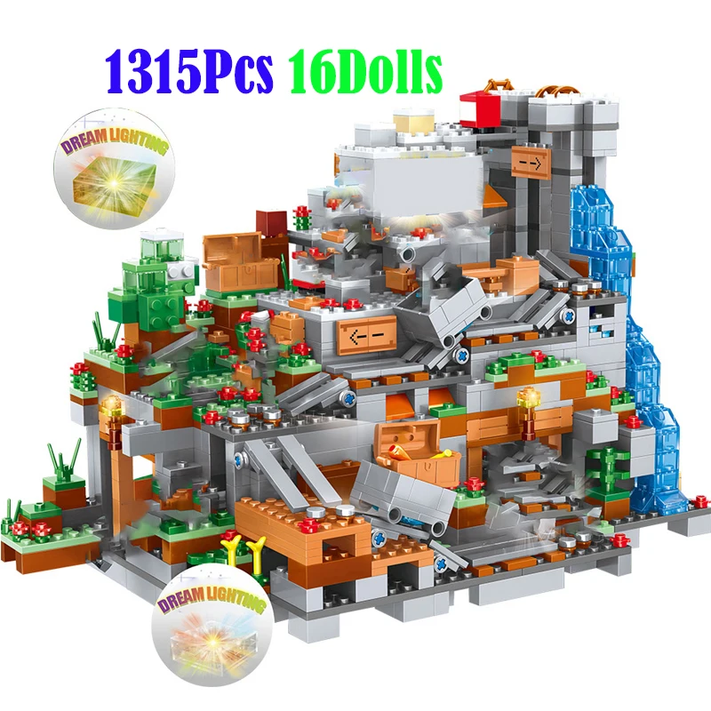 

1315PCS Compatible 21137 My World Building Blocks Mountain Cave Elevator Village Figures Module Bricks DIY Toys for Children