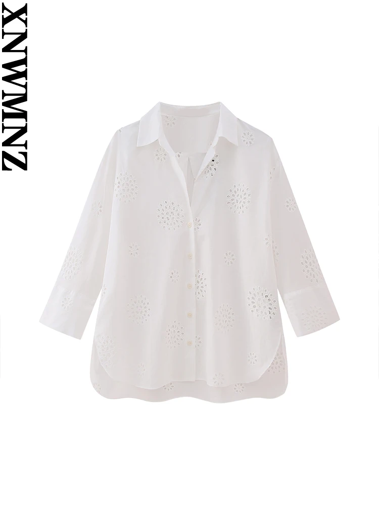 

XNWMNZ Women's Fashion 2023 Cutwork Embroidered Shirt Women Vintage Lapel Front Button Casual Versatile Female Chic Top