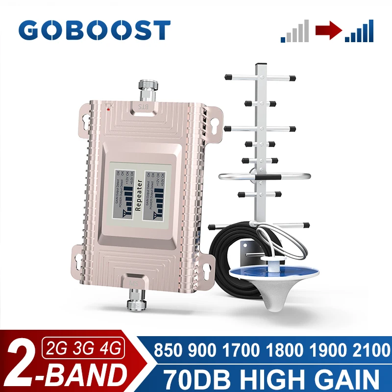 GOBOOST Cellular Amplifier Dual Band 2G 3G 4G Signal Booster 850 900 1700 1800 1900 2100 MHz Network Repeater With Antenna Kit