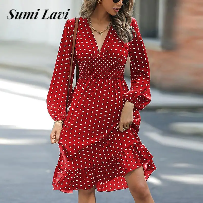 

Женское плиссированное платье средней длины, Повседневное платье в горошек с длинным рукавом и высокой талией, с V-образным вырезом, весна-осень 2023