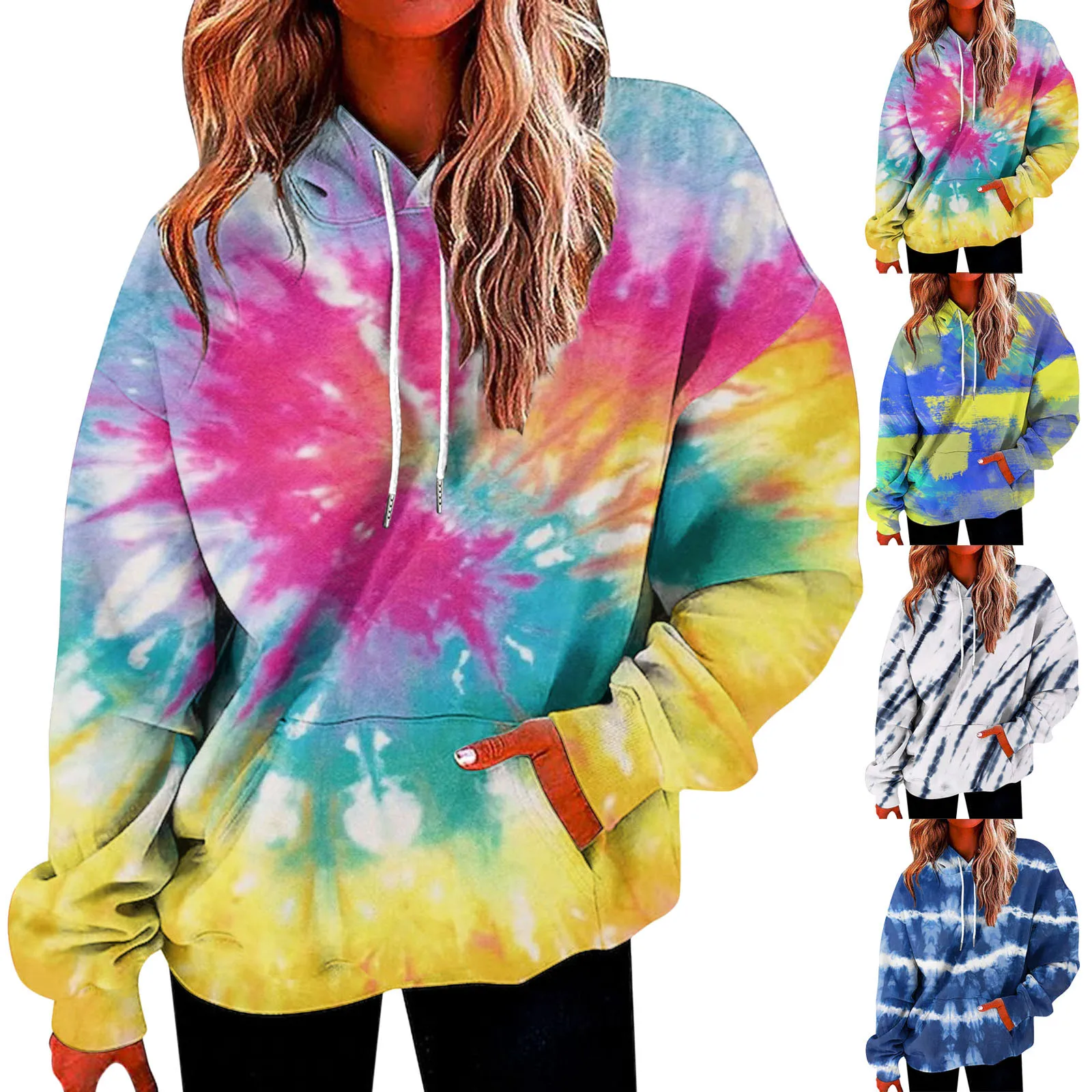 

Plus Size Tie Dye Printed Hooded With Pockets Long Sleeve Drawstring Loose Sweatshirts High Street Hoodies For Teen Girls худи