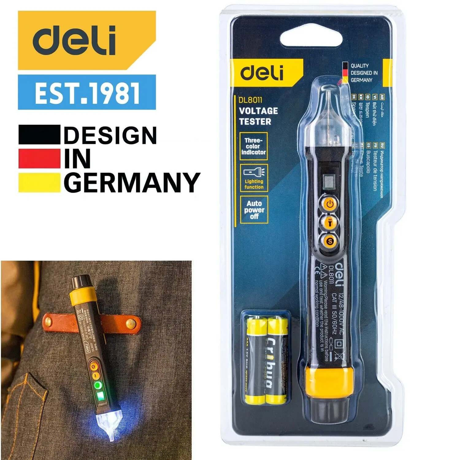 

Deli Intelligent Voltage Tester Pen AC1000V Non-contact Induction Test Pencil Voltmeter Power Detector Screwdriver Indicator