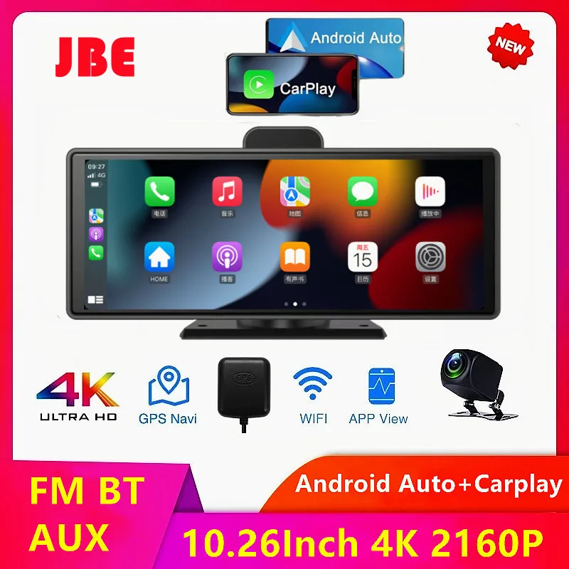 

4K 10.26" Car DVR GPS WiFi Video Recorder Carplay&Android Auto Center Console Mirror 3840*2160P FHD Rear Lens Video Dash Cam AUX