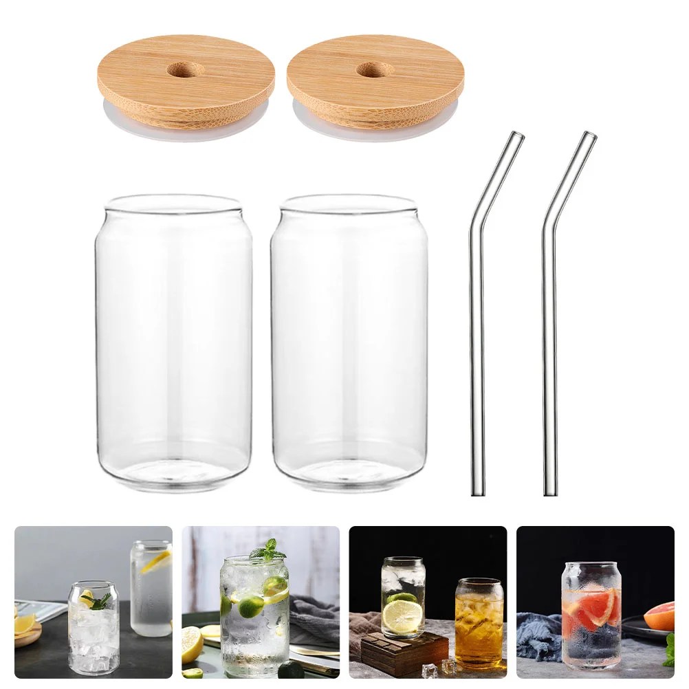 

2 Sets Glass Sippy Cup Clear Water Bottle Beverage Mugs Straw Juice Office Milk Drinking Cups