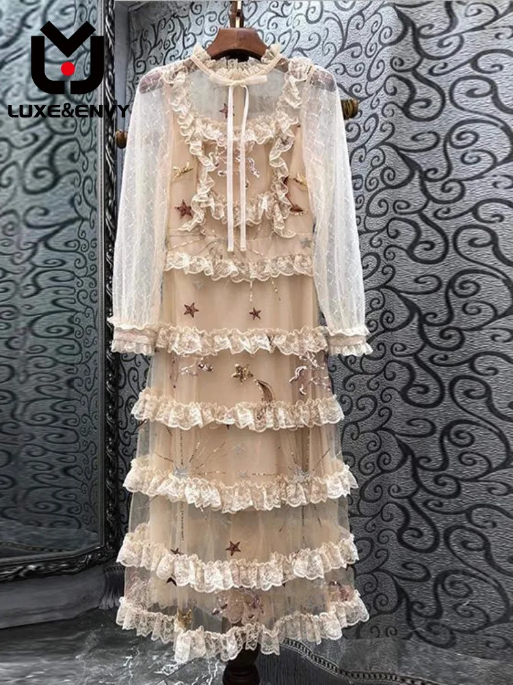 

Роскошное Сетчатое платье Люкс & ENVY с вышивкой в виде блесток, новинка 2023, для ранней весны и лета, женское платье макси в европейском стиле
