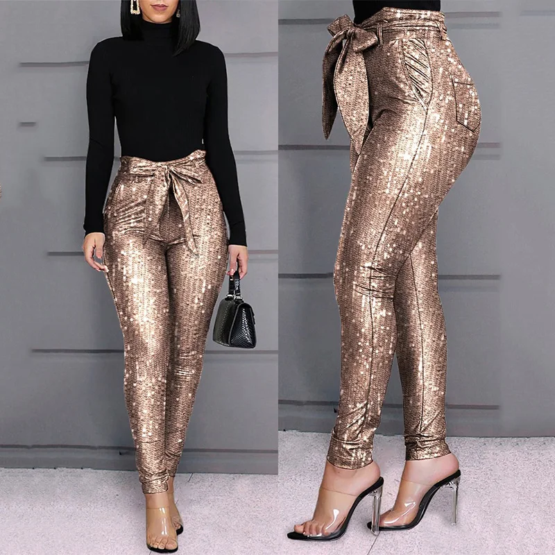 

Винтажные облегающие брюки с завышенной талией и блестками, Клубная одежда, осенне-зимние женские брюки-карандаш для вечерние