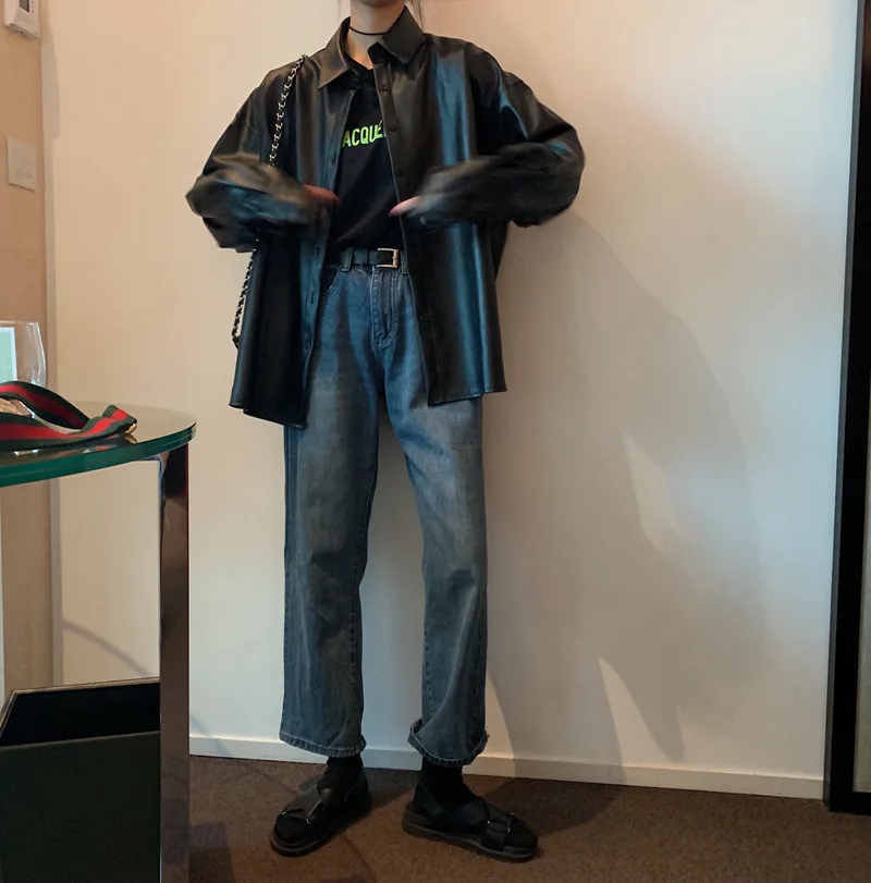 PU Leather Blouses Black Women Oversized Gothic Vintage Faux Leather Coats Turn-down Collar Motor Biker Jacket  2022 Autumn New