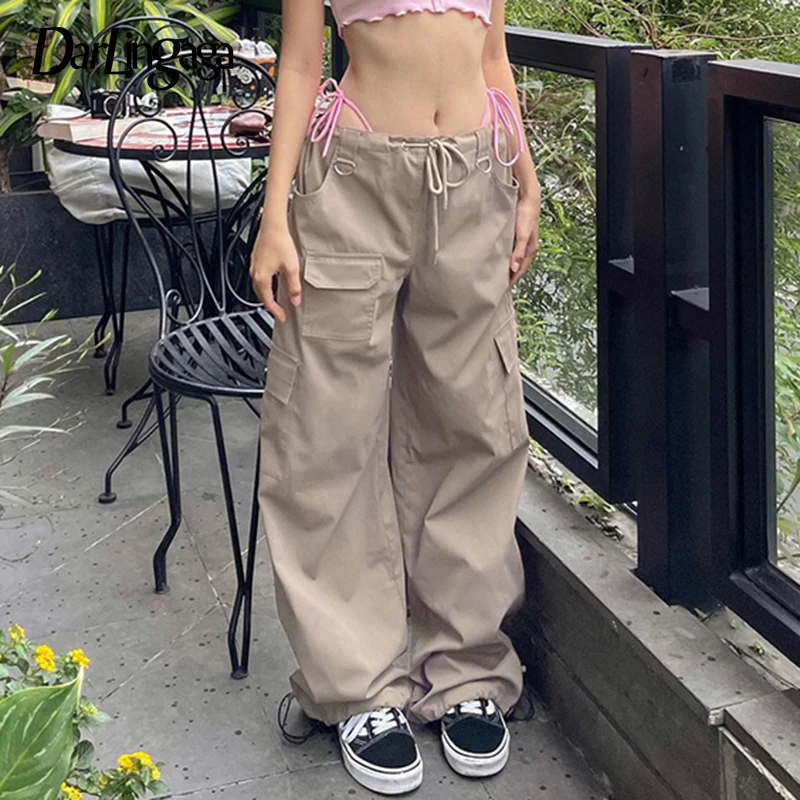 

Darlingaga Harajuku Drawstring Cargo Pants Low Waisted Solid Straight Leg Pockets Casual Women's Trousers Shirring Tech Bottoms