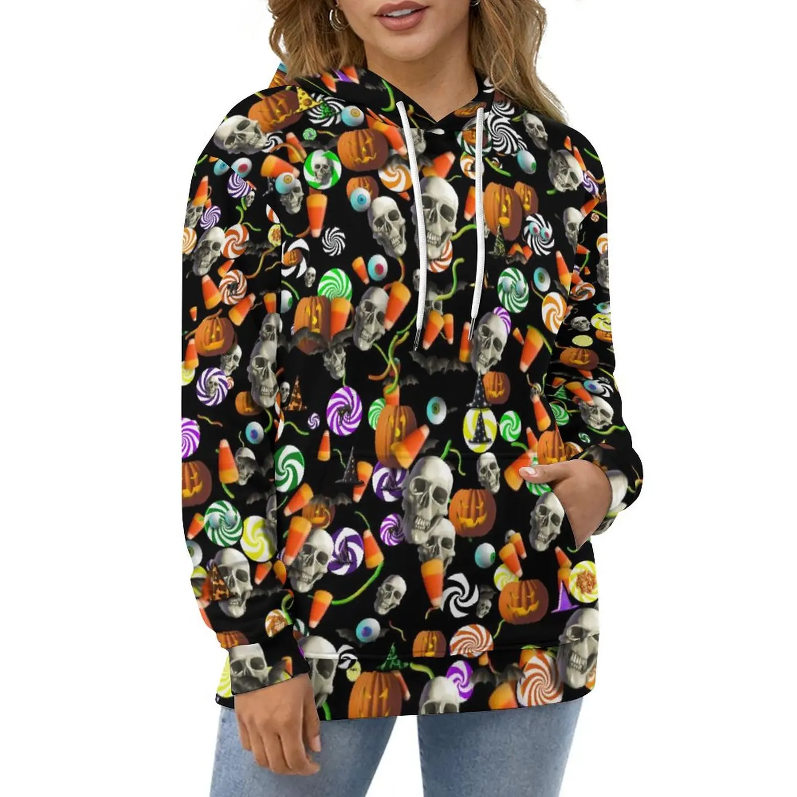 

Повседневные толстовки на Хэллоуин с черепами и тыквами, эстетическая свободная толстовка, осенние толстовки большого размера с длинным рукавом в уличном стиле
