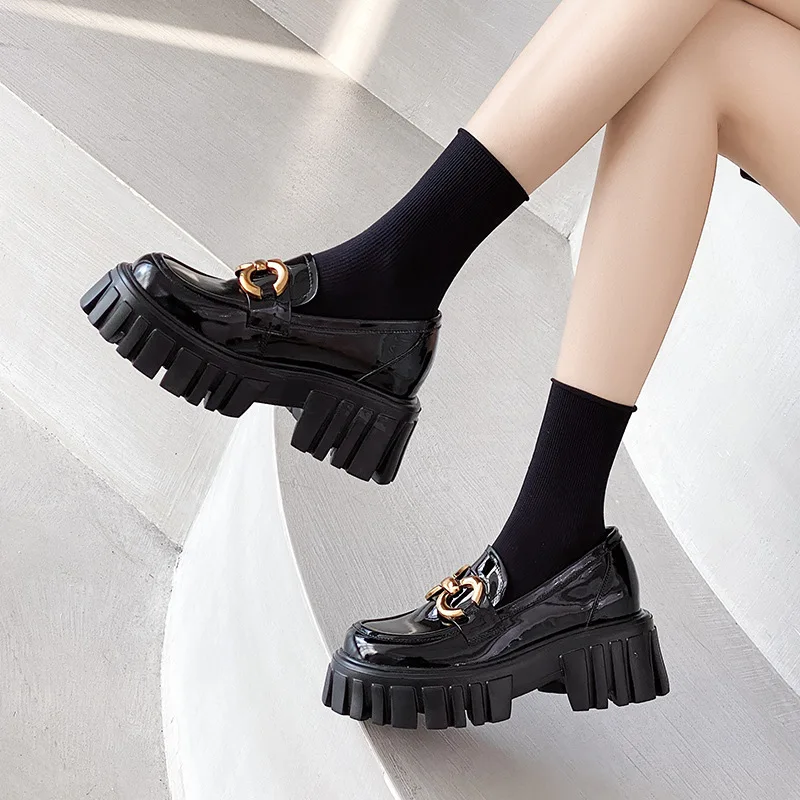 

Happy Shoes Girl Spring 2022 New Jk Songcake Thick-soled College English Style Small Leather Shoes Black Metal Buckle