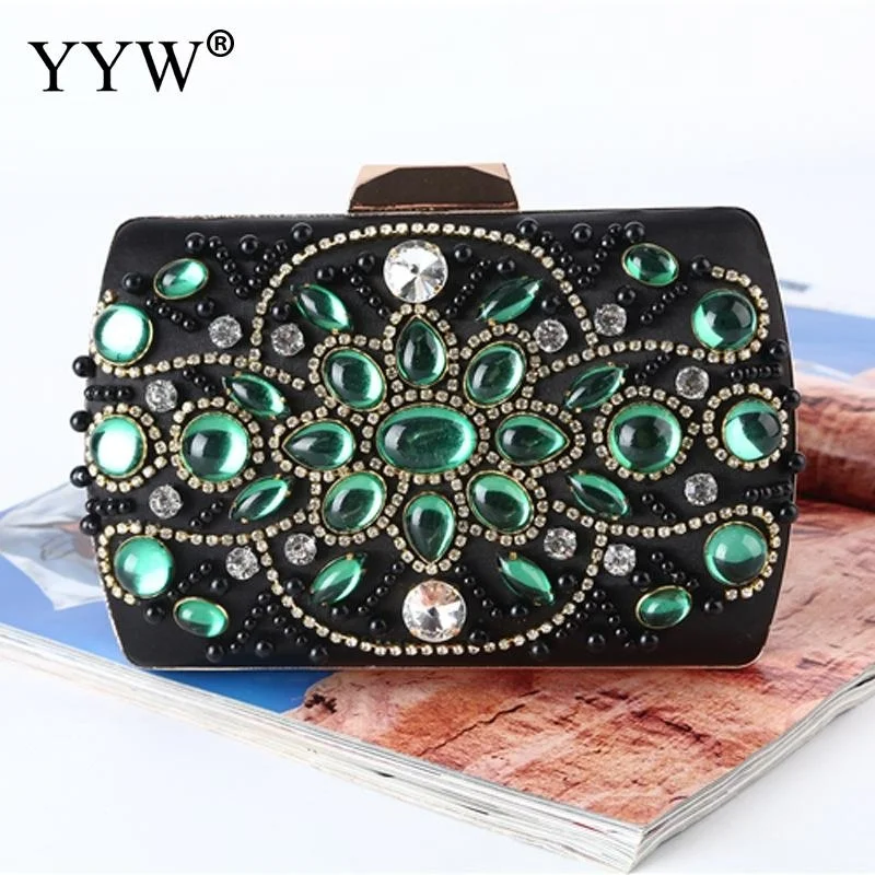 

Green Rhinones Clutch Women Handbag Satin Bag With Chain Shoulder Bags Elegant Wedding Clutches Purse Female Black Wallets