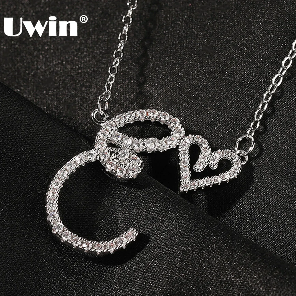 UWIN Initial Cursive Letters with Heart Pendant Necklaces Iced Out Initial Letter Charms with Small Chain Fashion Jewelry