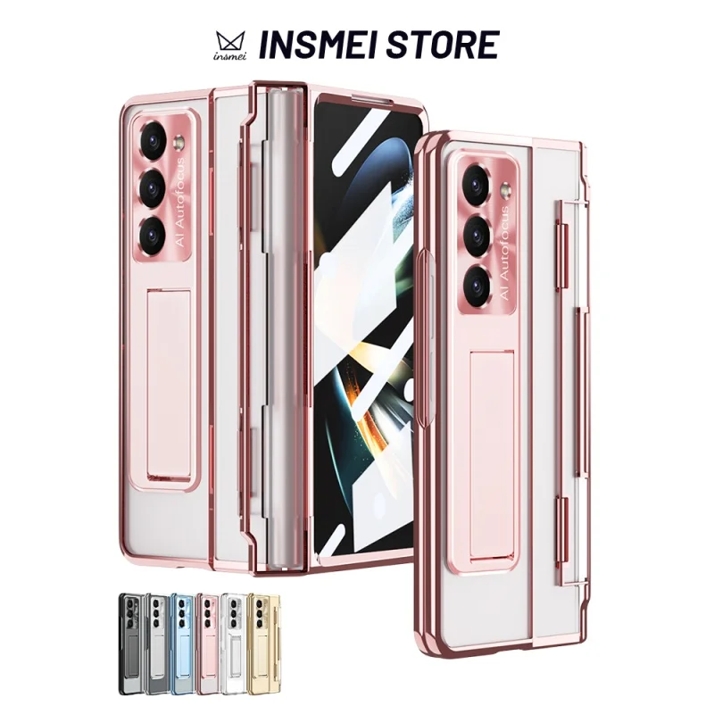 

For Samsung Galaxy Z Fold 5 4 3 Case, One-Piece Transparent Plating Housing with Kickstand and Screen Protector, PK