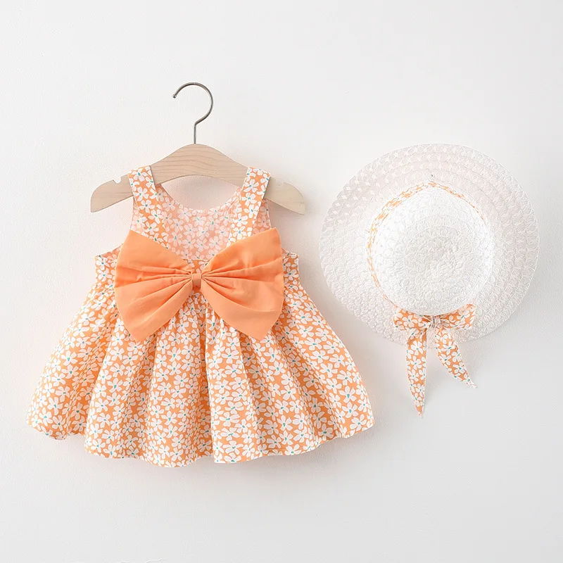 New Summer Baby Girls Beach Princess Dress Cute Bow Flowers Sleeveless Cotton Toddler Dresses+Sunhat Newborn Clothing Set