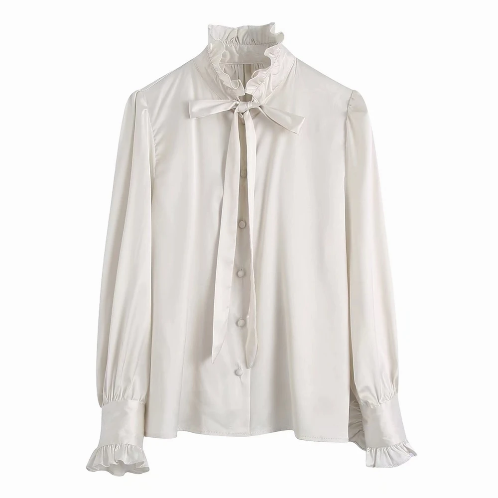 

Satin Shirt Women Spring 2022 New Fashion Long Sleeve Bow Collar Female Casual Top Clothing Loose Blouse