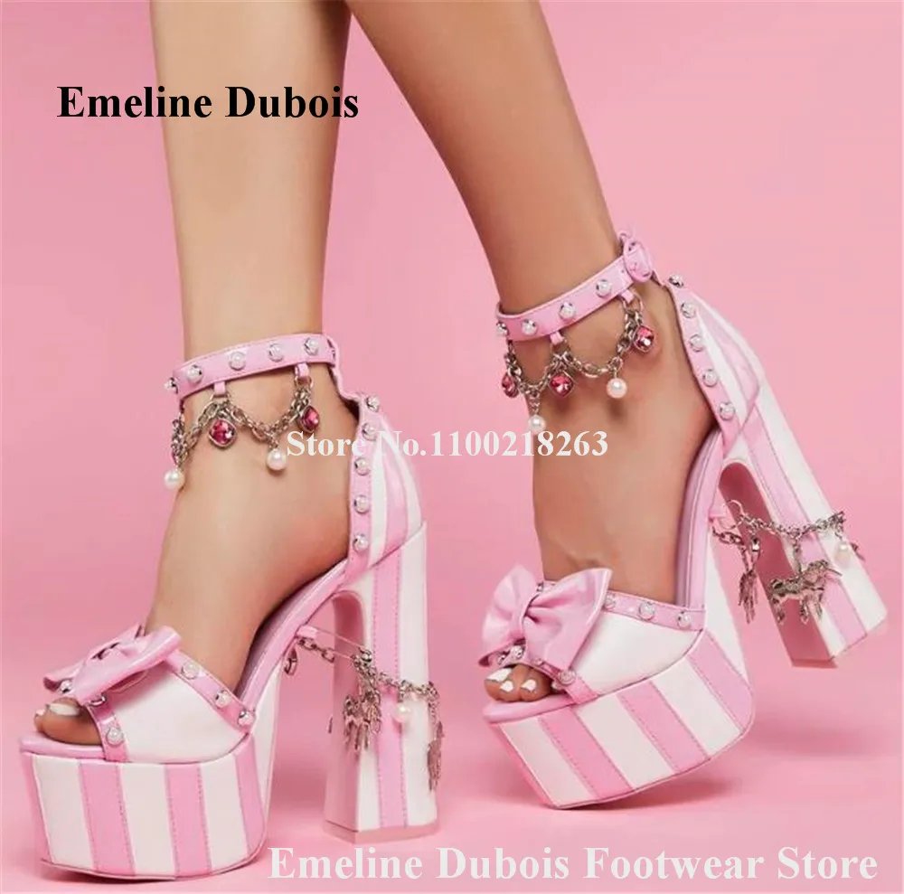 Pink White Stripes Block Heel Sandals Emeline Dubois Charming Peep Toe Bowtie High Platform Pearls Chains Chunky Heel Dress Shoe