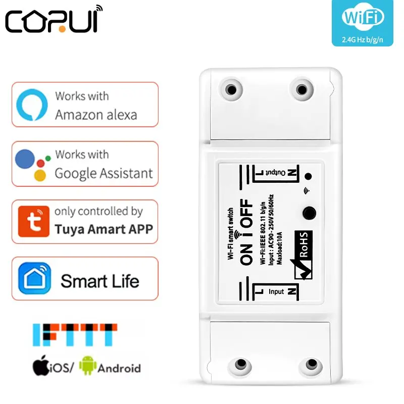 

CoRui 10A WiFi Smart Light Switch Tuya/Smart Life APP Wireless Remote Control Smart Home Work With Google Home Alexa AC90-250V